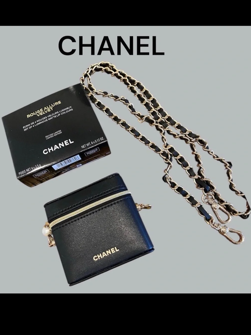 Chanel Pearl Zipper Pull Black Makeup Lipstick Case Crossbody Pouch Bag